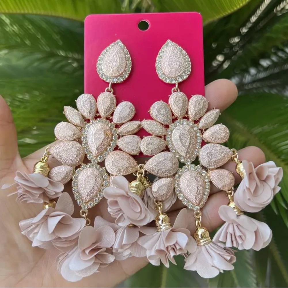 Champagne Chic Chandelier Dangle Earrings 22k Gold Plated Sparkling Flower